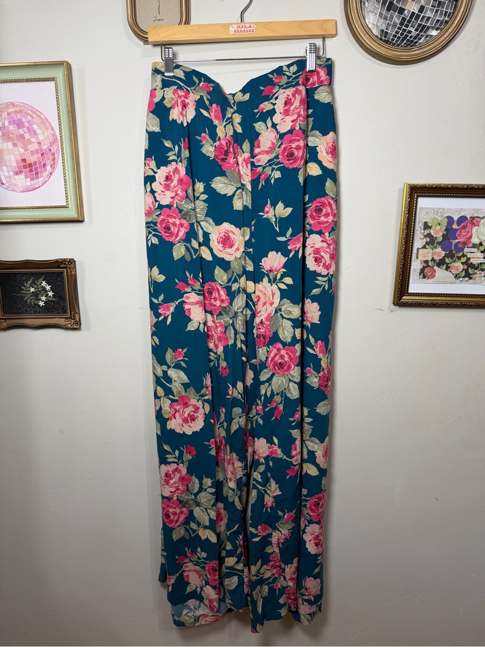 torrid Teal wide leg pants with Pink Rose Print